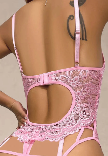Różowy zestaw bielizny damski koronkowej z wiązaniem