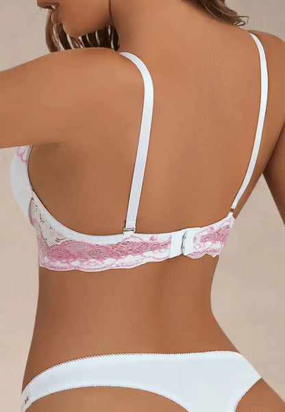 Biały komplet bielizny damski biustonosz i stringi haft różowe kwiaty
