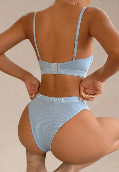 Niebieski komplet bielizny damski biustonosz i figi z prążkowaniem