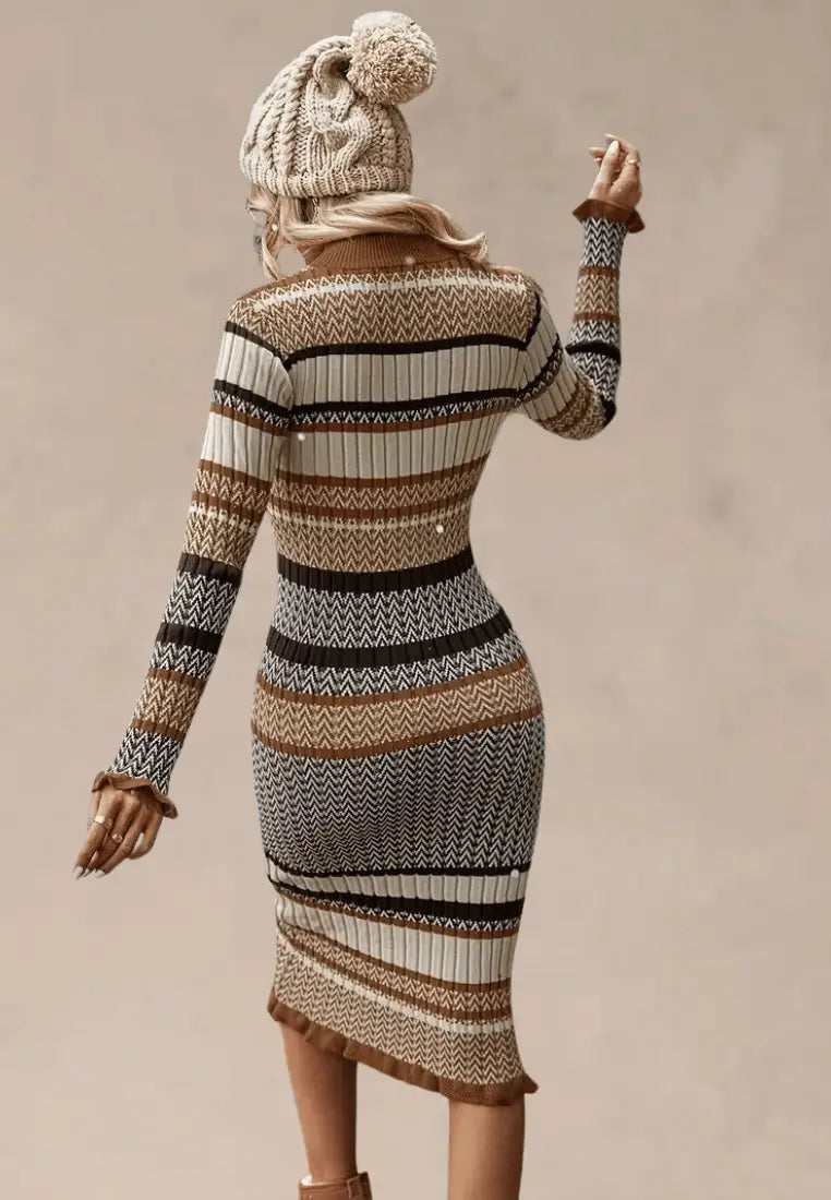 Brązowo-beżowa sukienka dopasowana midi z dzianiny i długim rękawem