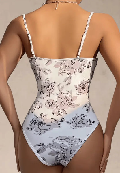 Białe body damskie gorsetowe w kwiatowy wzór na ramiączkach
