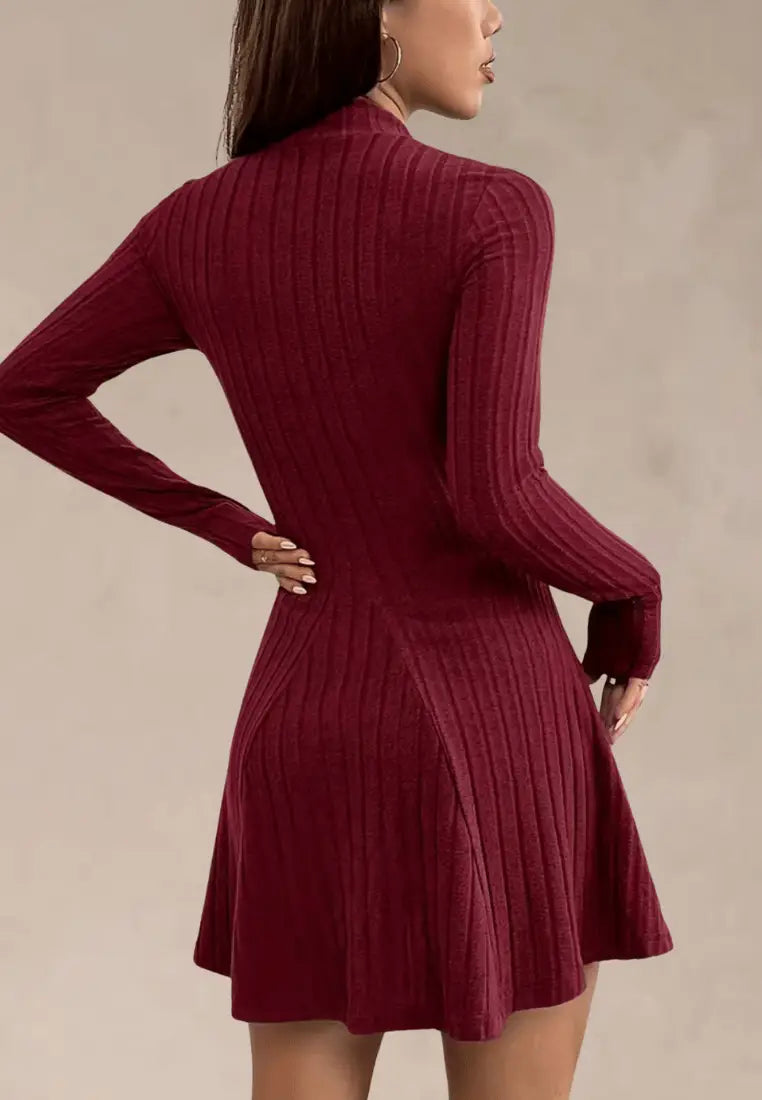 Bordowa sukienka dzianinowa z długim rękawem i stójką