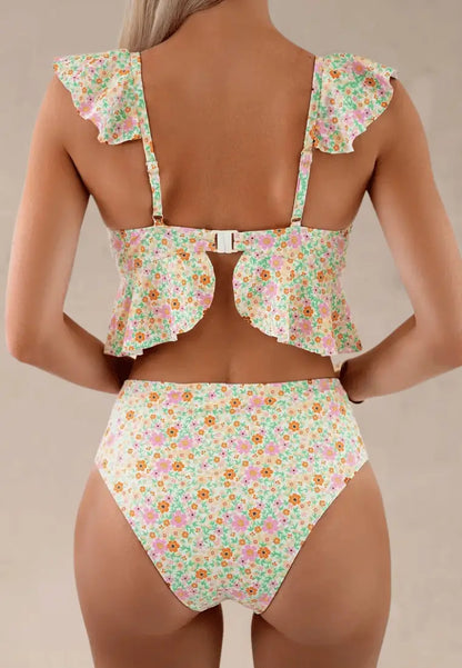 Żółty strój kąpielowy dwuczęściowy damski w uroczy kwiatowy wzór