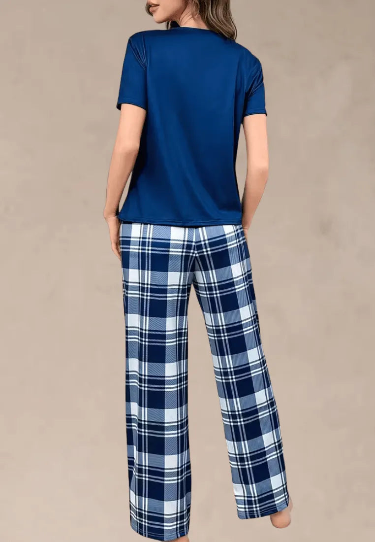 Granatowy komplet piżamowy damski z krótkim rękawem i długimi spodniami w kratę