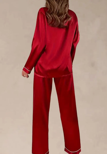 Czerwony komplet piżamowy damski satynowy z długim rękawem i długimi spodniami