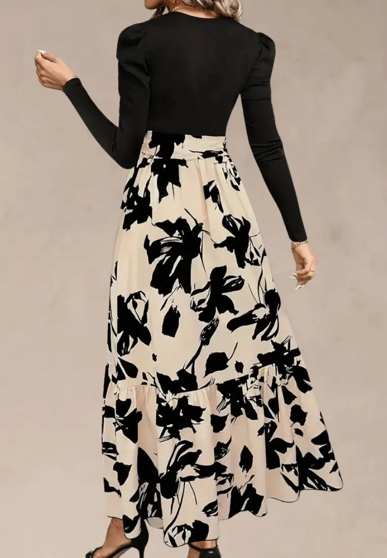 Czarna sukienka z beżową spódnicą maxi z printem i wiązaniem