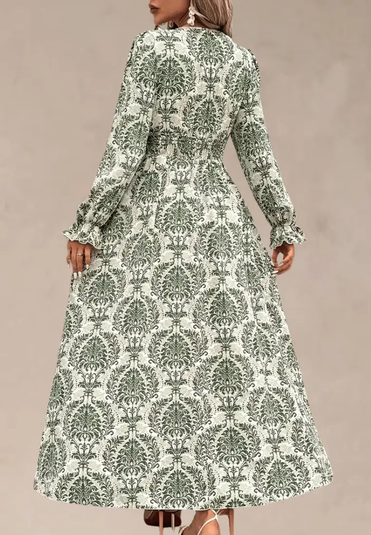 Zielona sukienka maxi z printem i długim rękawem
