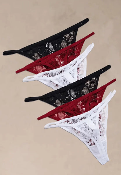 Zestaw 6 szt. stringi majtki damskie koronkowe bawełniane czarne, białe i czerwone