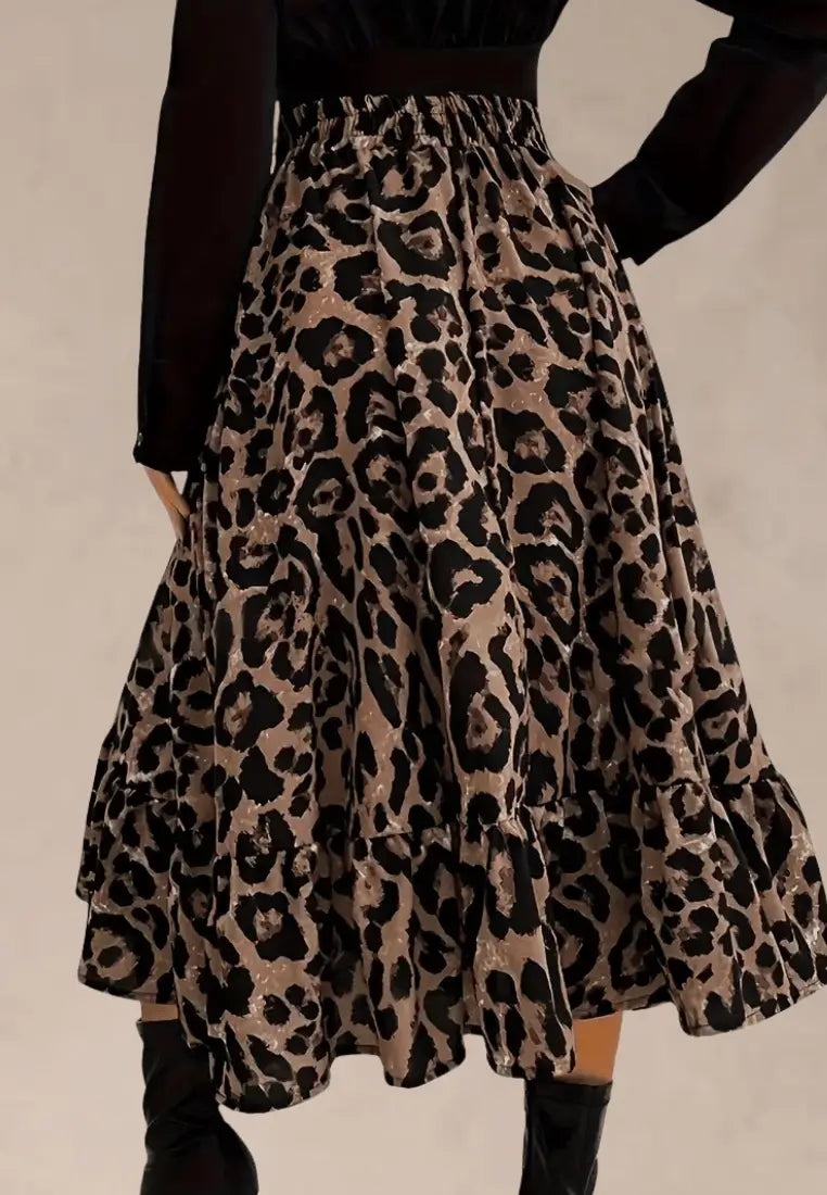 Brązowa spódnica damska rozkloszowana midi panterka wysoki stan