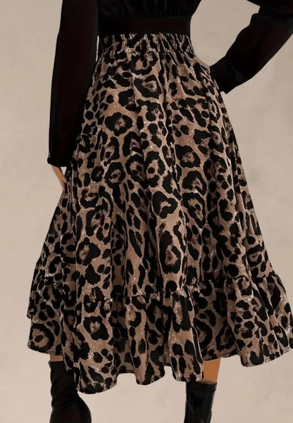 Brązowa spódnica damska rozkloszowana midi panterka wysoki stan