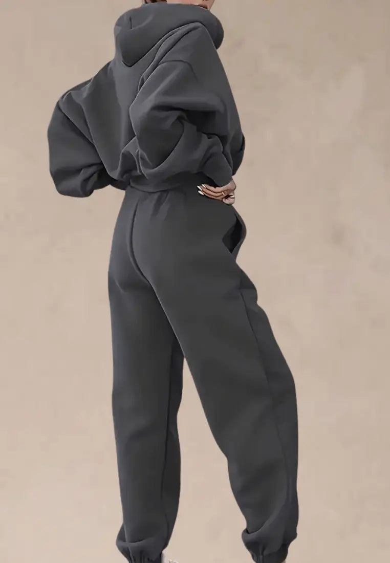 Grafitowy komplet dresowy damski z kapturem i szeroką kieszenią