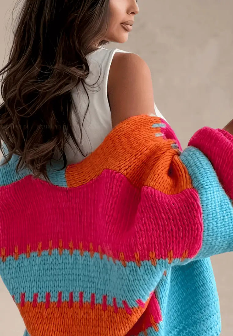 Kolorowy kardigan damski oversize bez zapięcia gruba dzianina