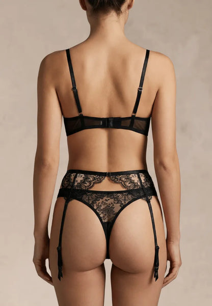 Czarny zestaw bielizny damski koronkowy z kokardkami i pasem do pończoch