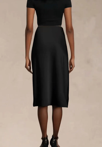 Czarna spódnica damska ołówkowa midi satyna wysoki stan elegancka