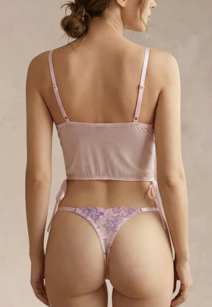 Fioletowo-różowy zestaw bielizny damski koronkowy z haftem kwiatowym i wiązaniem