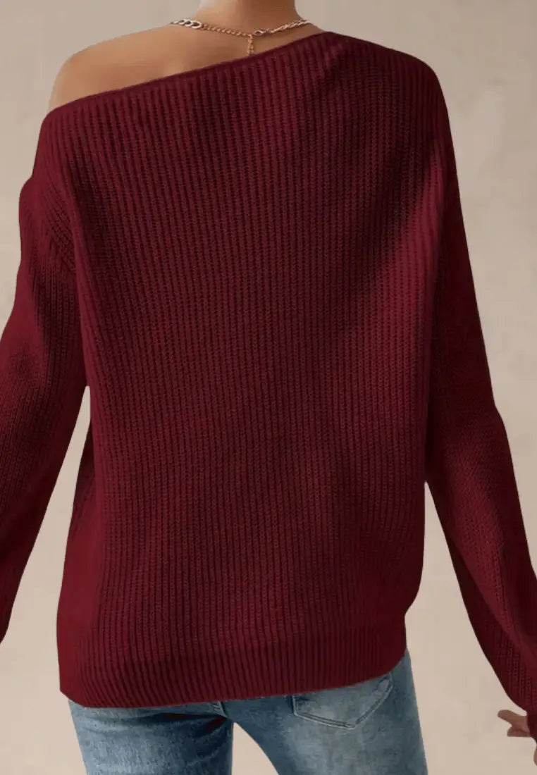 Bordowy sweter damski z dekoltem w łódkę