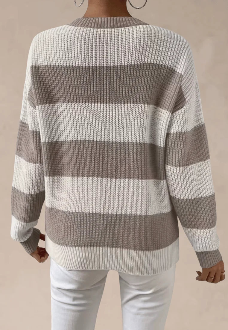 Kremowo-brązowy sweter damski w szerokie pasy