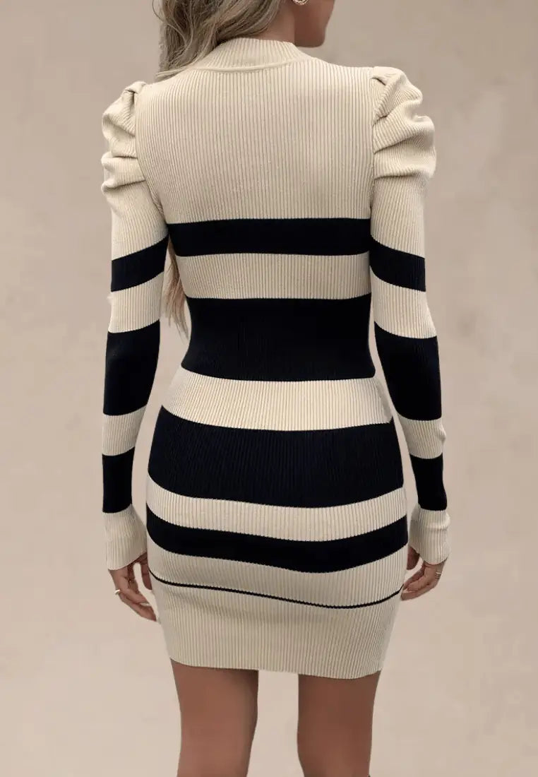 Beżowo-czarna sukienka dzianinowa w poziome pasy