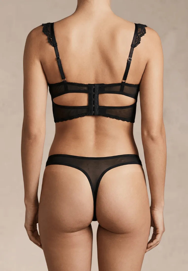 Czarny zestaw bielizny damski koronkowy z wiązaniem i kwiatowym haftem