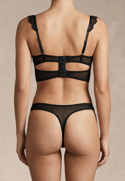 Czarny zestaw bielizny damski koronkowy z wiązaniem i kwiatowym haftem