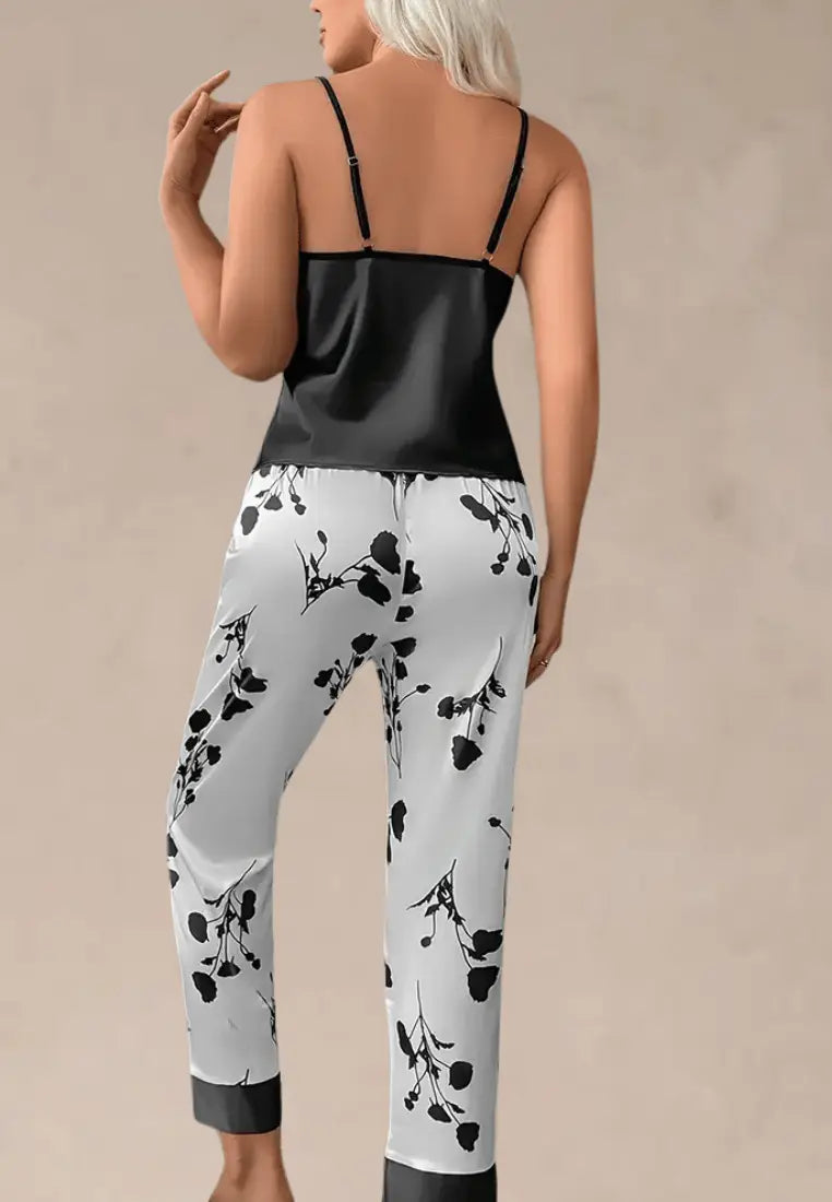 Czarny komplet piżamowy damski top na ramiączkach i długie spodnie satynowe