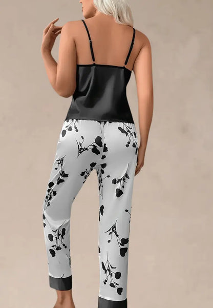 Czarny komplet piżamowy damski top na ramiączkach i długie spodnie satynowe