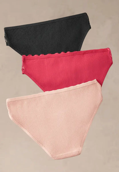 Zestaw 3 szt. figi majtki damskie koronkowe bawełniane czarne, czerwone i pudrowe