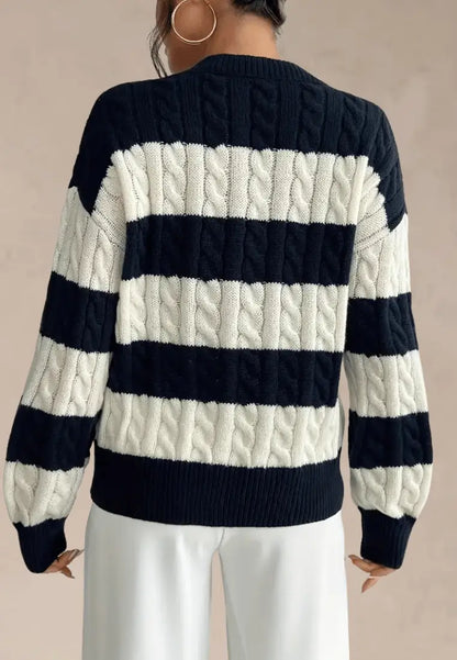 Granatowo-kremowy sweter damski w paski z dekoltem V