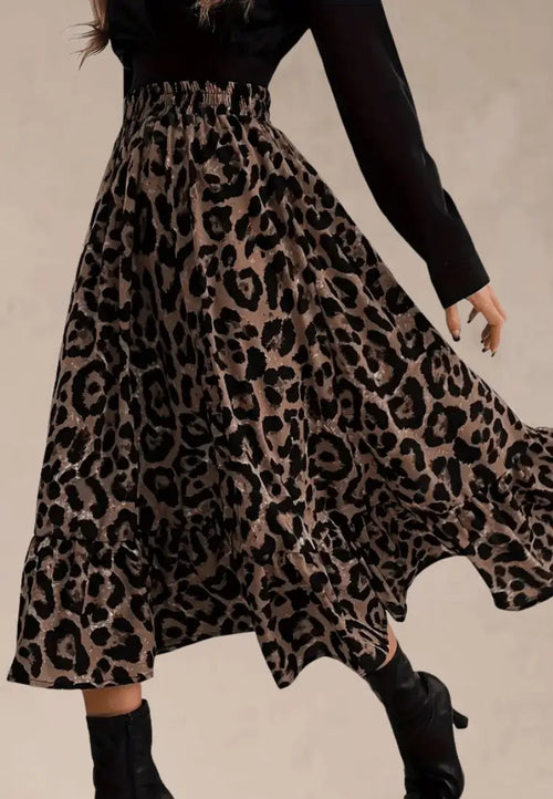 Brązowa spódnica damska rozkloszowana midi panterka wysoki stan