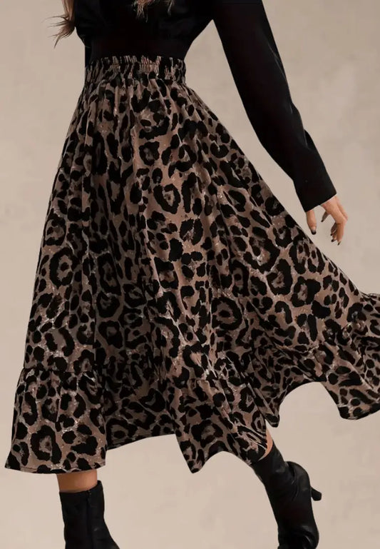 Brązowa spódnica damska rozkloszowana midi panterka wysoki stan