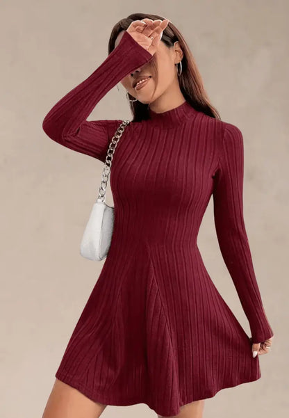 Bordowa sukienka dzianinowa z długim rękawem i stójką