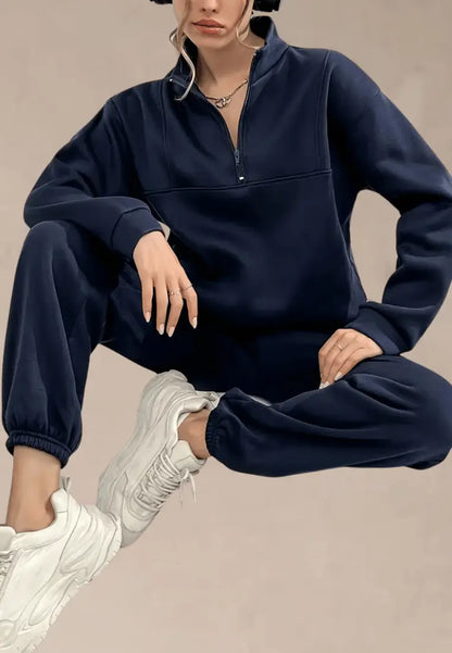 Granatowy komplet dresowy damski z zamkiem i ściągaczami