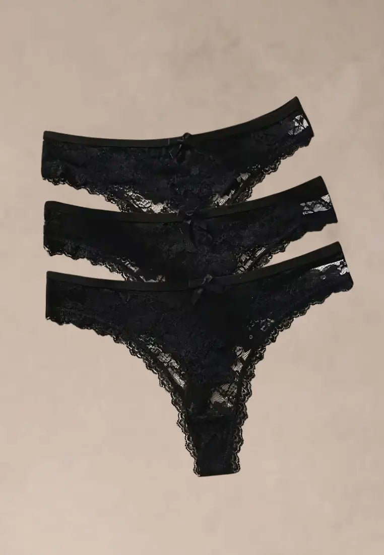 Zestaw 3 szt. stringi majtki damskie koronkowe bawełniane czarne