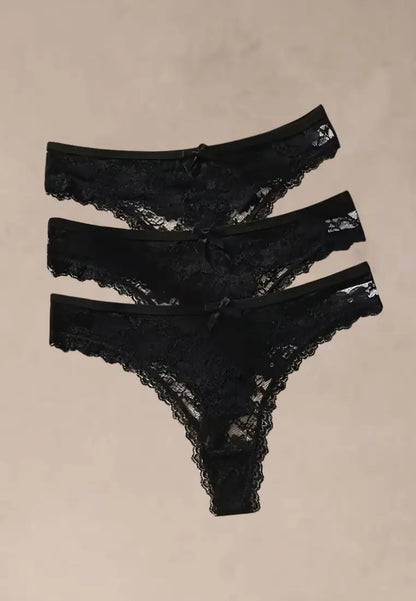 Zestaw 3 szt. stringi majtki damskie koronkowe bawełniane czarne