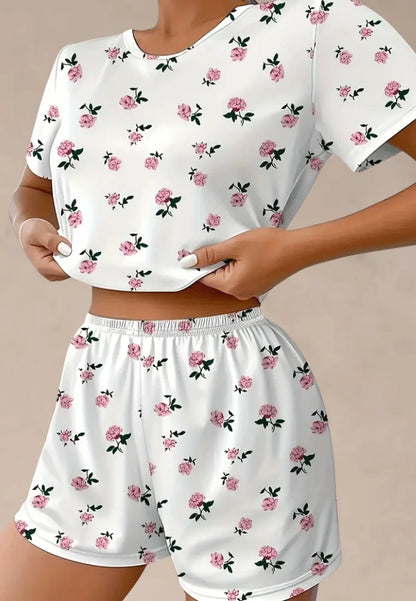 Biały komplet piżamowy damski z krótkim rękawem i szortami w kwiaty