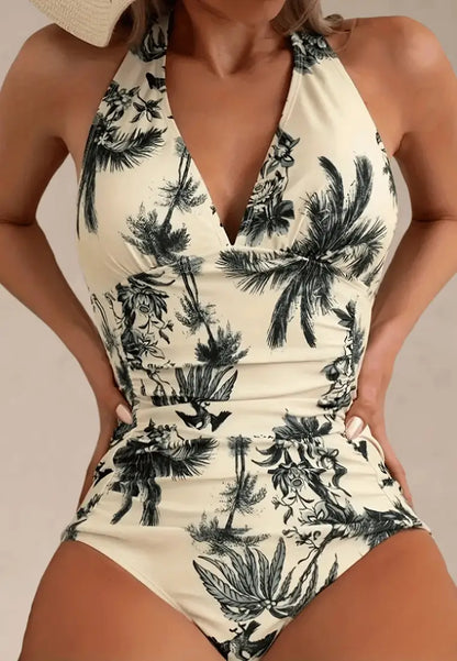 Kremowy strój kąpielowy jednoczęściowy damski z tropikalnym wzorem