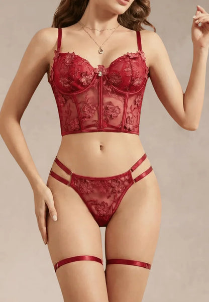 Czerwony zestaw bielizny damski koronkowy z kwiatowymi haftami i wiązaniem
