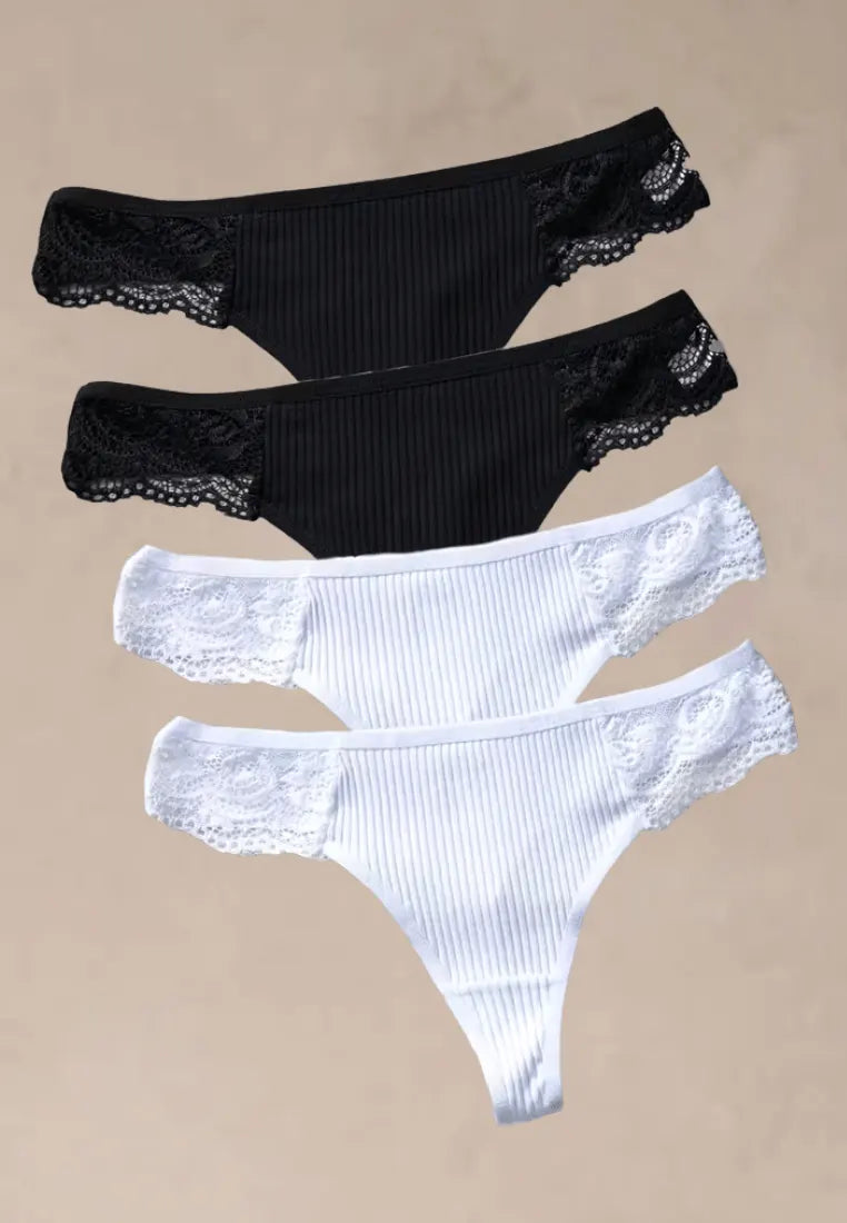 Zestaw 4 szt. stringi majtki damskie koronkowe bawełniane czarne i białe
