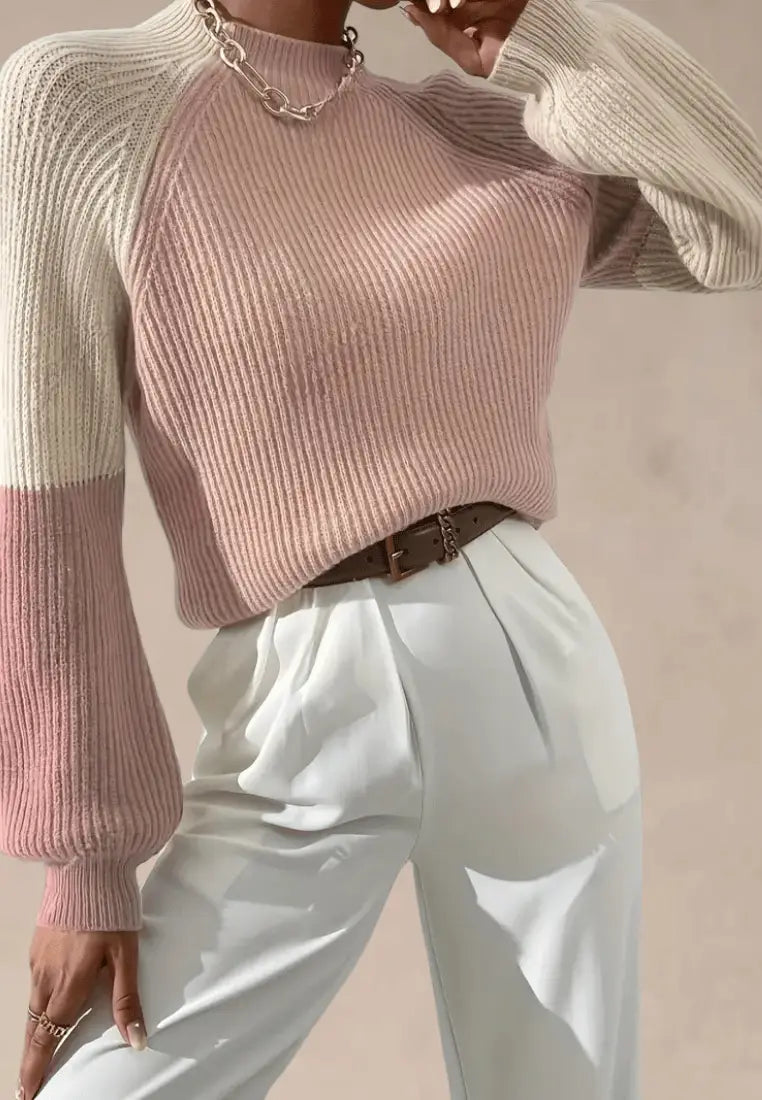 Różowo-beżowy sweter damski z prążkowanym splotem i okrągłym dekoltem