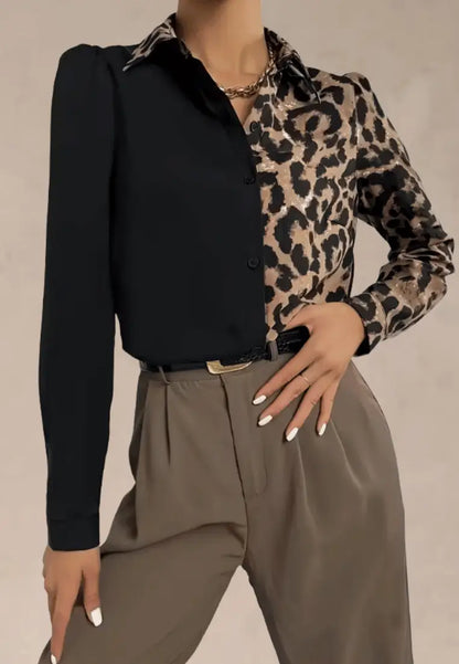 Czarna koszula damska z panterkowym wzorem i długim rękawem