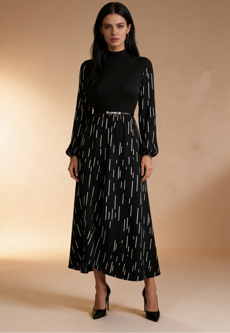 Czarna sukienka maxi z printem i stójką w elegancki fason