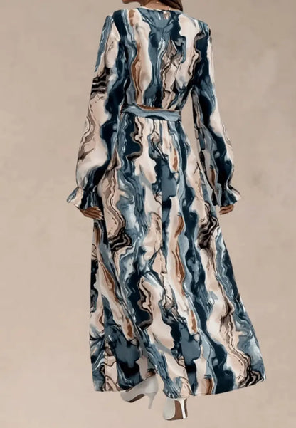 Zielono‑beżowa sukienka kopertowa marmurkowy wzór z paskiem i długim rękawem