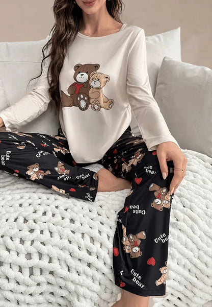 Komplet piżamowy damski z długim rękawem i długimi spodniami z misiami