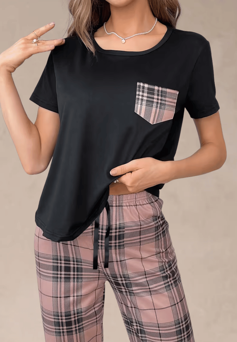 Komplet piżamowy damski z krótkim rękawem i długimi spodniami w różową kratę