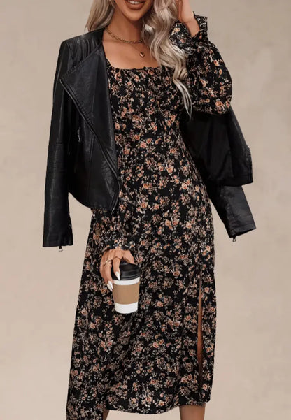 Czarna sukienka midi w drobny kwiatowy nadruk z kwadratowym dekoltem