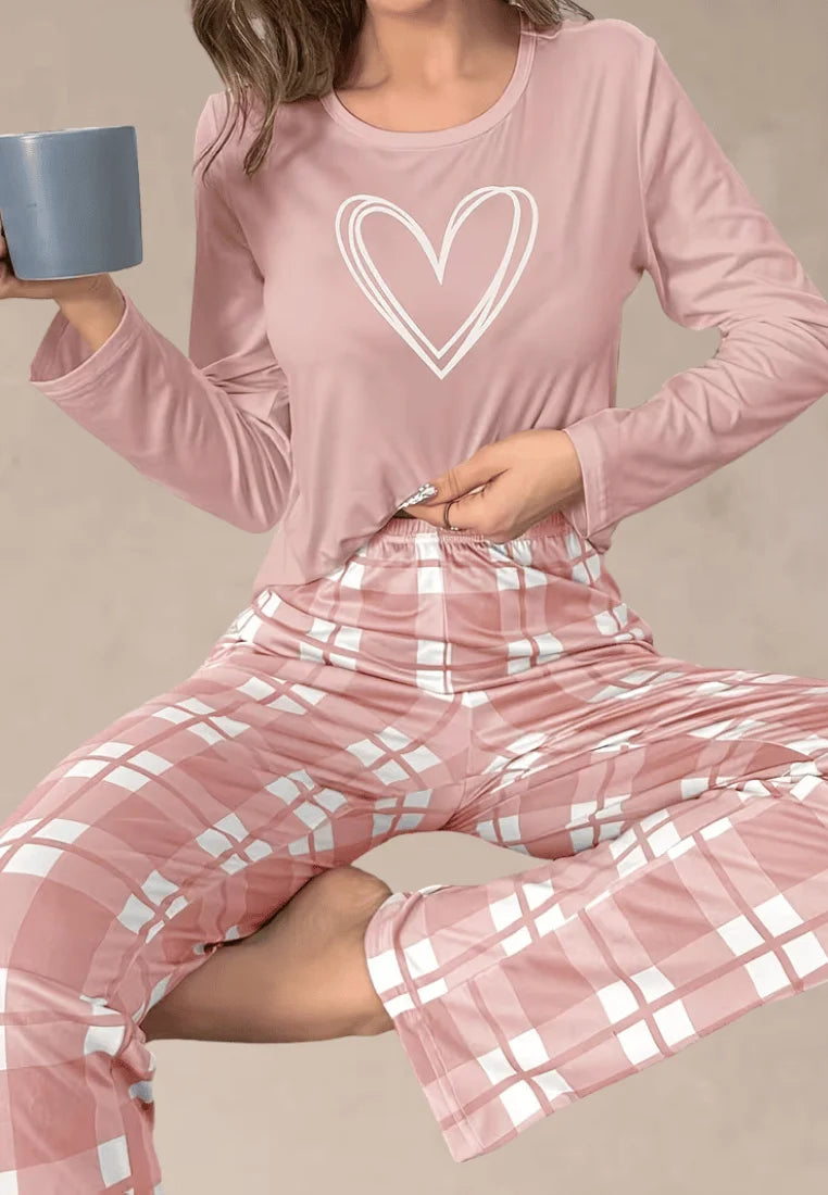Różowy komplet piżamowy damski z długim rękawem i długimi spodniami w kratę