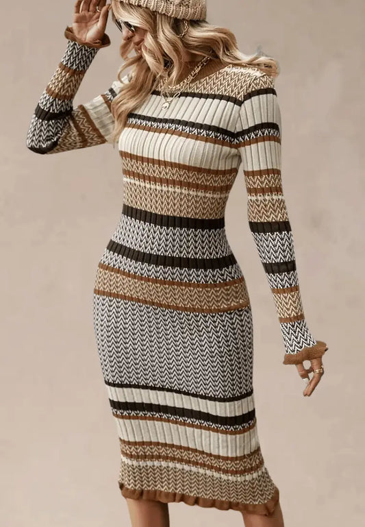 Brązowo-beżowa sukienka dopasowana midi z dzianiny i długim rękawem