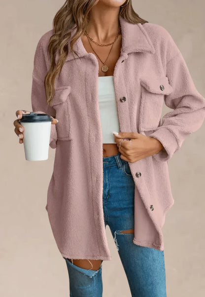 Kurtka koszulowa różowa z miękkiego futerka zapinana na guziki