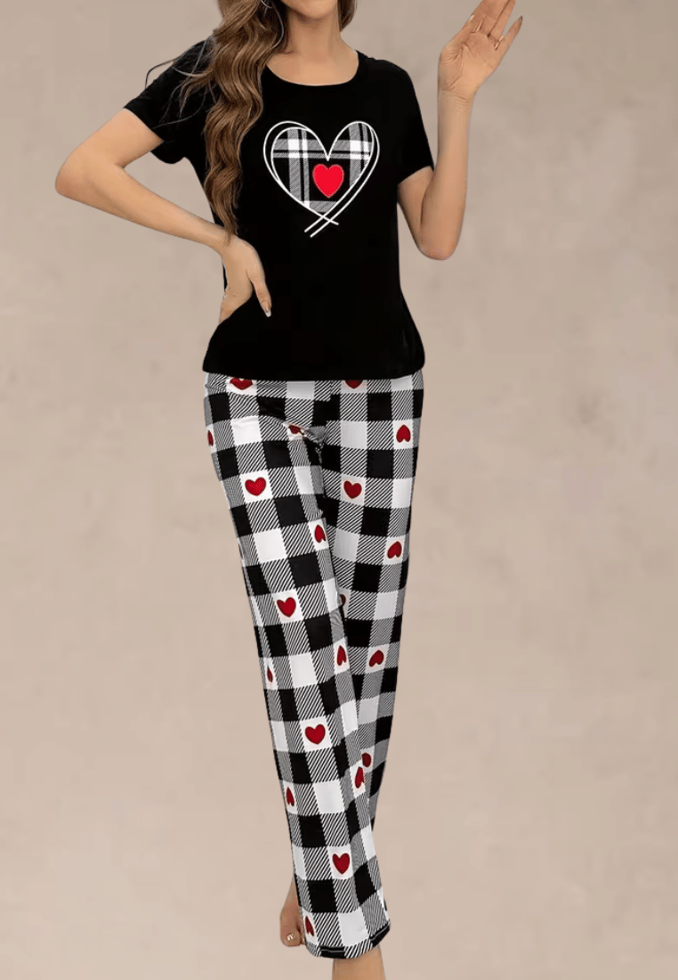 Komplet piżamowy damski z krótkim rękawem i długimi spodniami w kratę