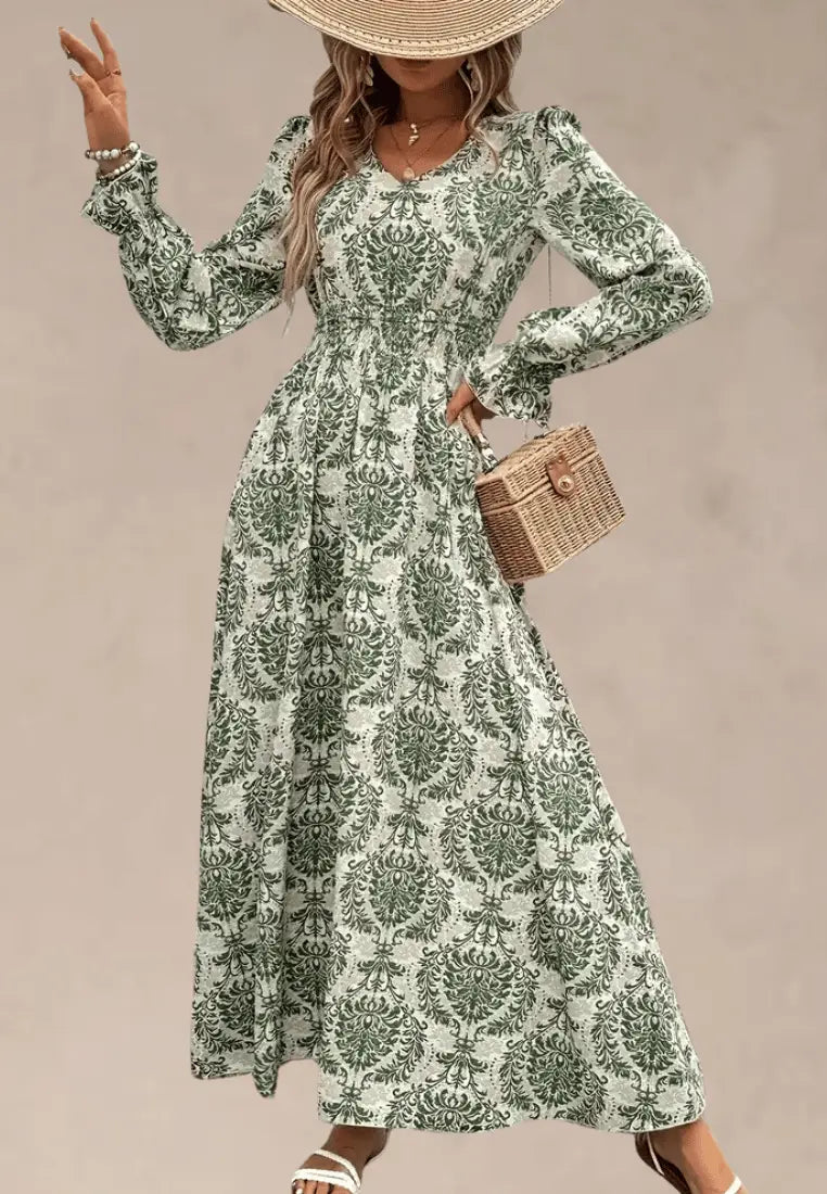 Zielona sukienka maxi z printem i długim rękawem
